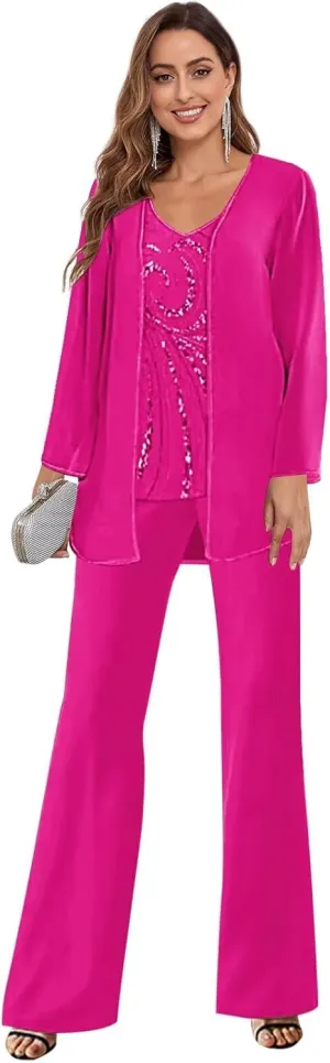 3 Piece Mother of The Bride Pantsuits for Wedding Long Sleeve Sequin Beaded Formal Outfit with Jacket