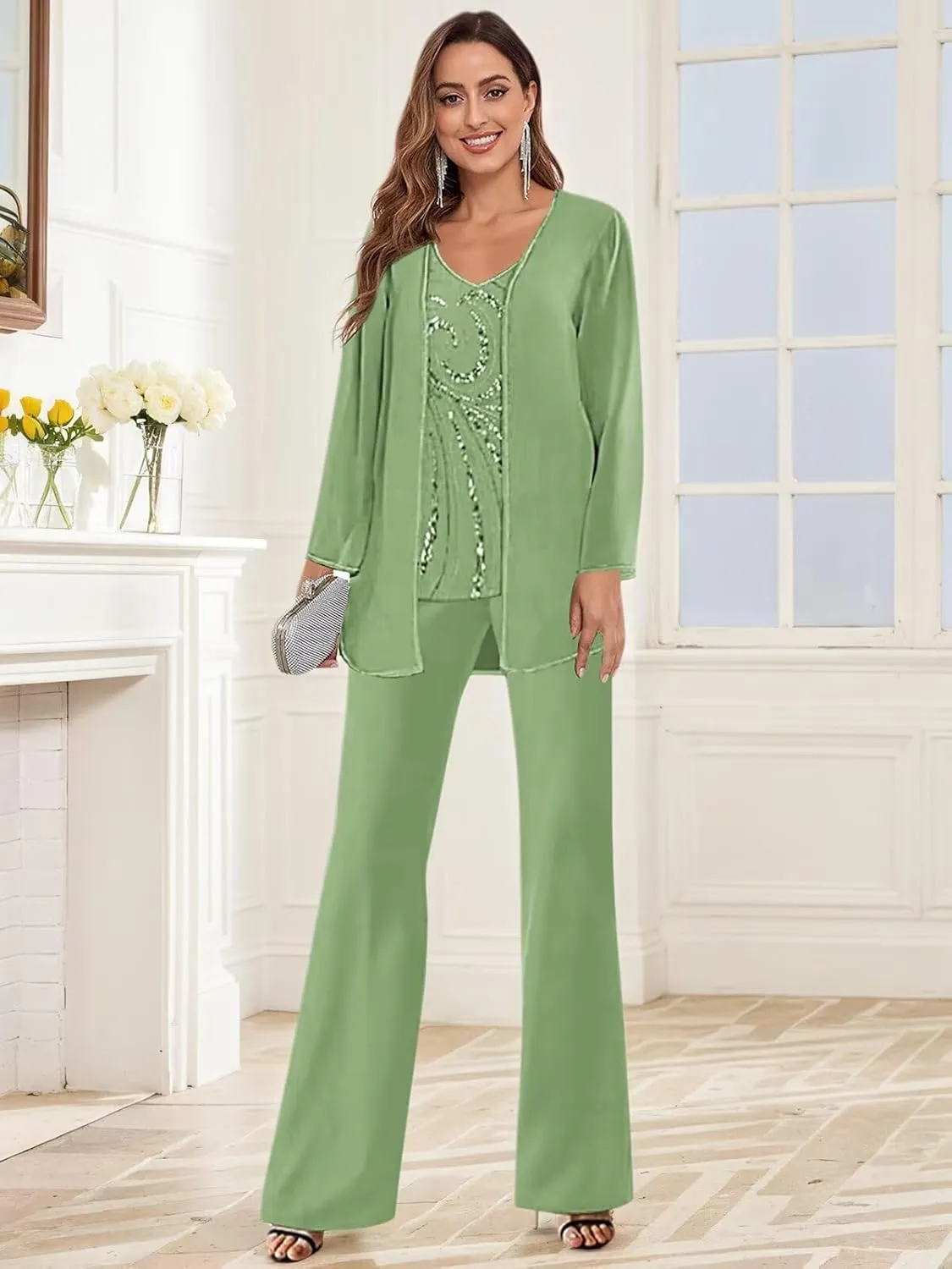3 Piece Mother of The Bride Pantsuits for Wedding Long Sleeve Sequin Beaded Formal Outfit with Jacket