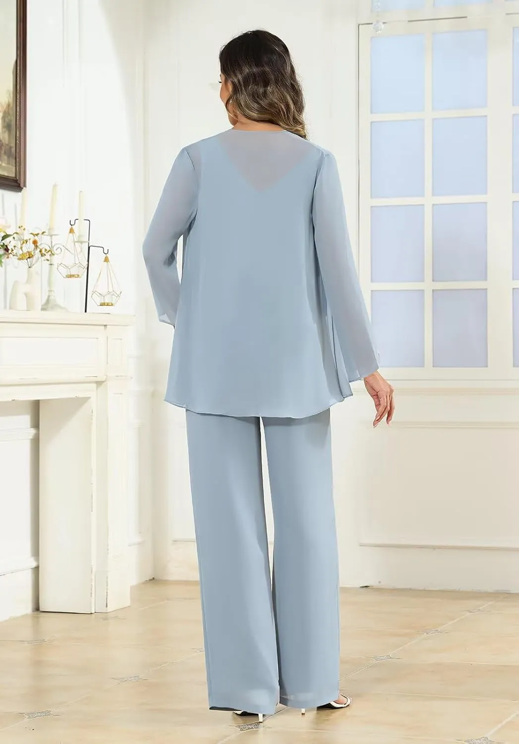 3 Piece Mother of The Bride Pantsuits for Wedding Long Sleeve Sequin Beaded Formal Outfit with Jacket