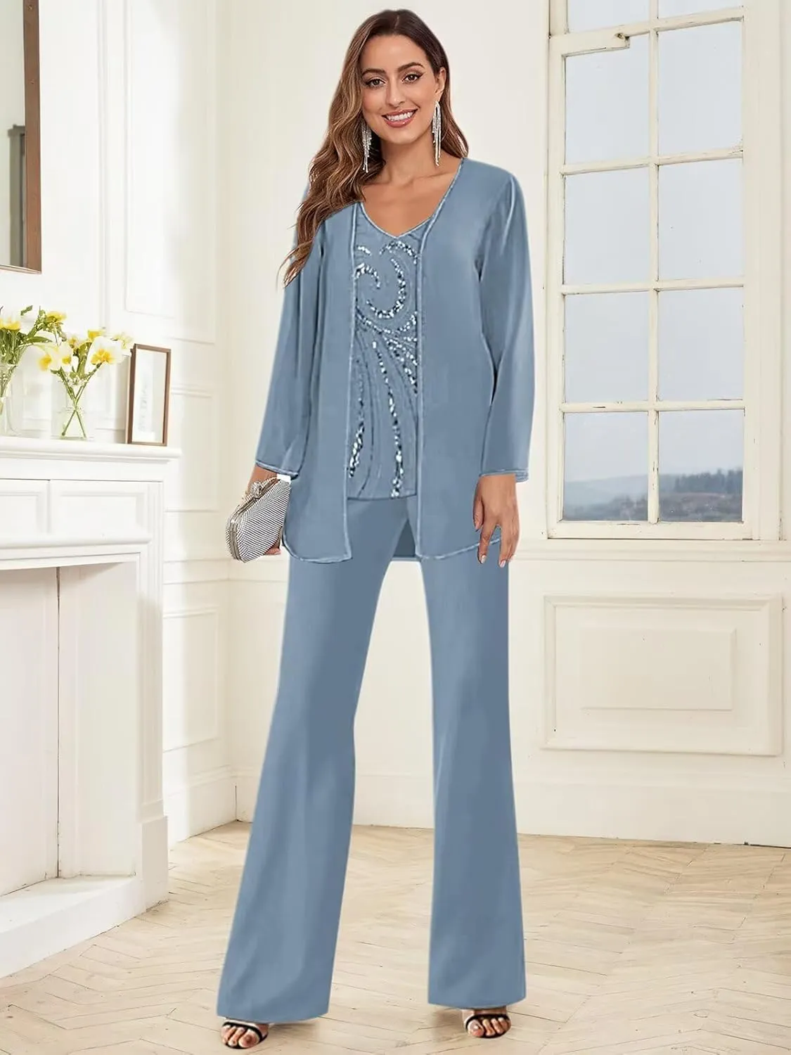 3 Piece Mother of The Bride Pantsuits for Wedding Long Sleeve Sequin Beaded Formal Outfit with Jacket