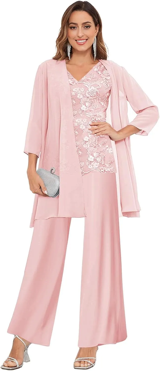 3 Pieces Mother of The Bride Pants Suits for Women Dressy with Jacket Chiffon Lace Applique Wedding Formal Outfit