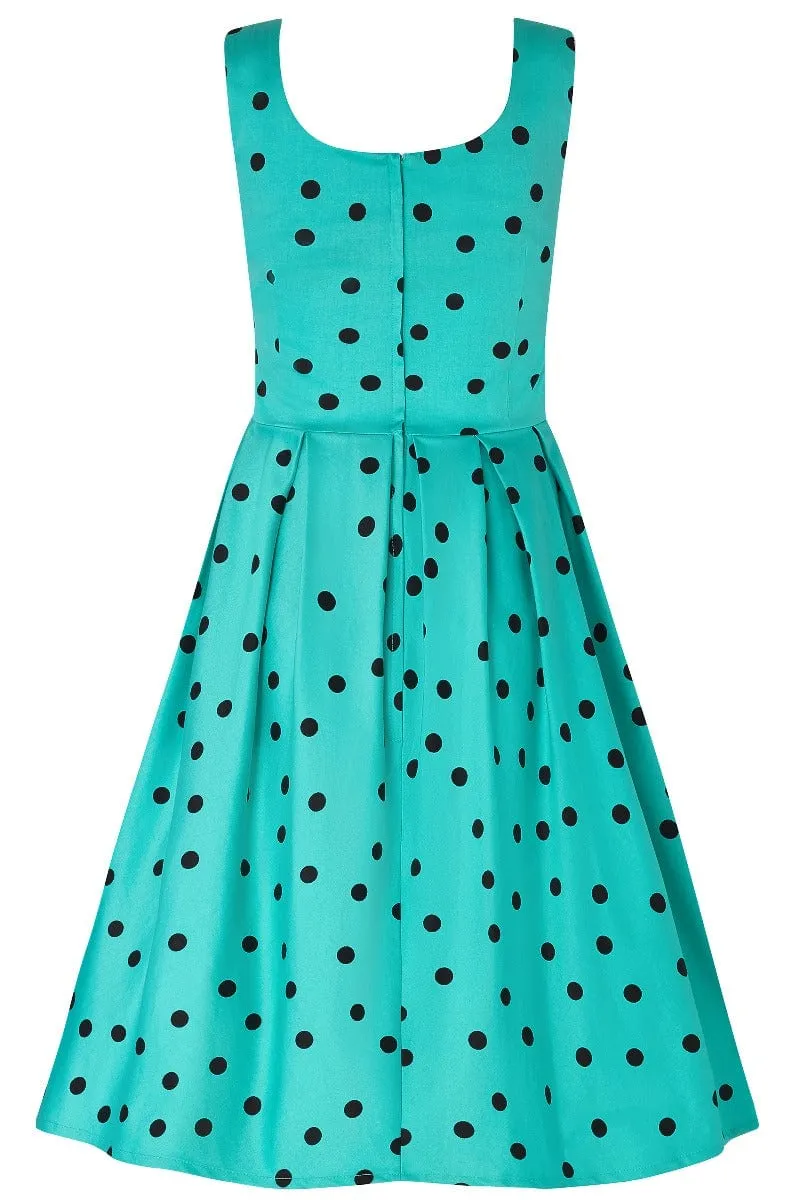 Amanda Scoop Neck Polka Dot Swing Dress in Turquoise-Black