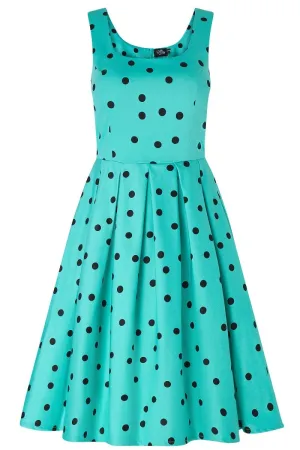 Amanda Scoop Neck Polka Dot Swing Dress in Turquoise-Black