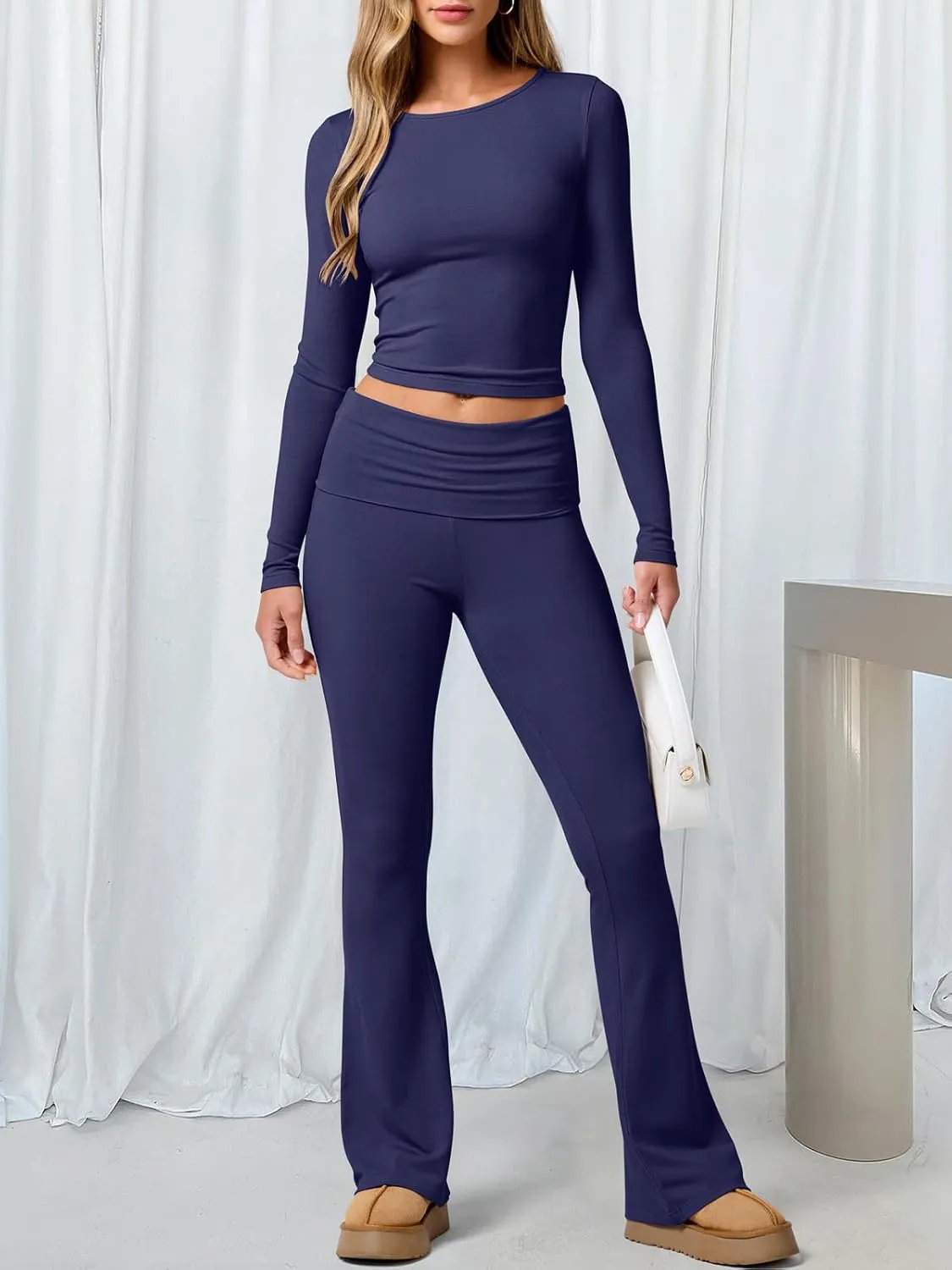 ANRABESS Women 2 Piece Outfits Lightweight Lounge Sets Long Sleeve Cropped Top Fold-over Flare Pants Pajamas Set Y2K Clothes