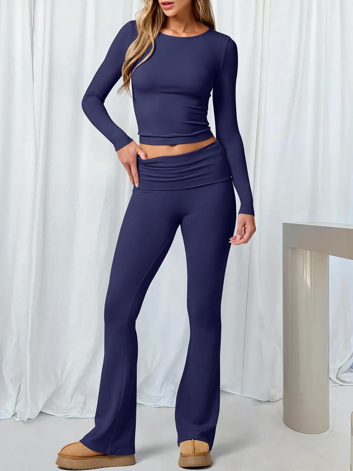 ANRABESS Women 2 Piece Outfits Lightweight Lounge Sets Long Sleeve Cropped Top Fold-over Flare Pants Pajamas Set Y2K Clothes