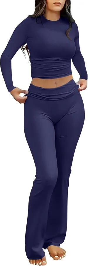 ANRABESS Women 2 Piece Outfits Lightweight Lounge Sets Long Sleeve Cropped Top Fold-over Flare Pants Pajamas Set Y2K Clothes