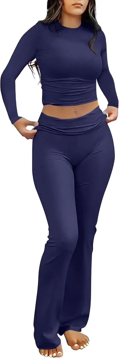 ANRABESS Women 2 Piece Outfits Lightweight Lounge Sets Long Sleeve Cropped Top Fold-over Flare Pants Pajamas Set Y2K Clothes