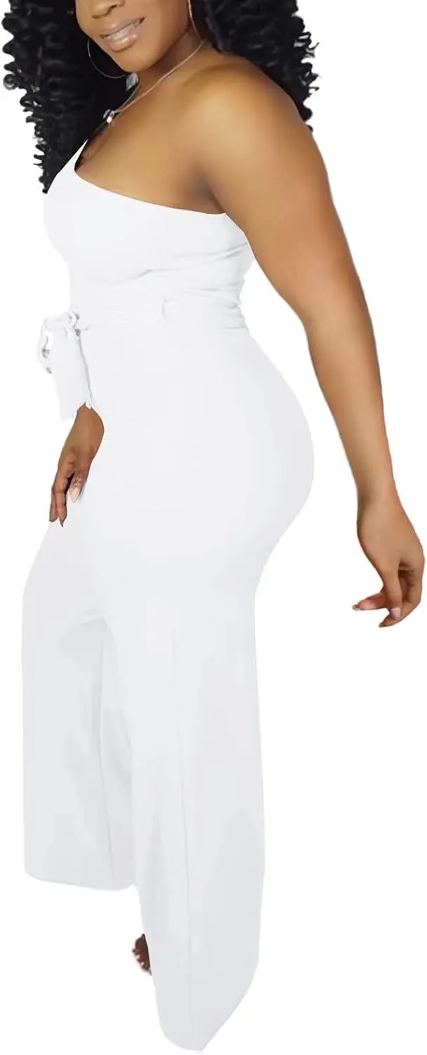 Aro Lora Women's Sexy One Shoulder Slit Sleeve High Waist One Piece Pant Outfit Wide Leg Jumpsuit Romper