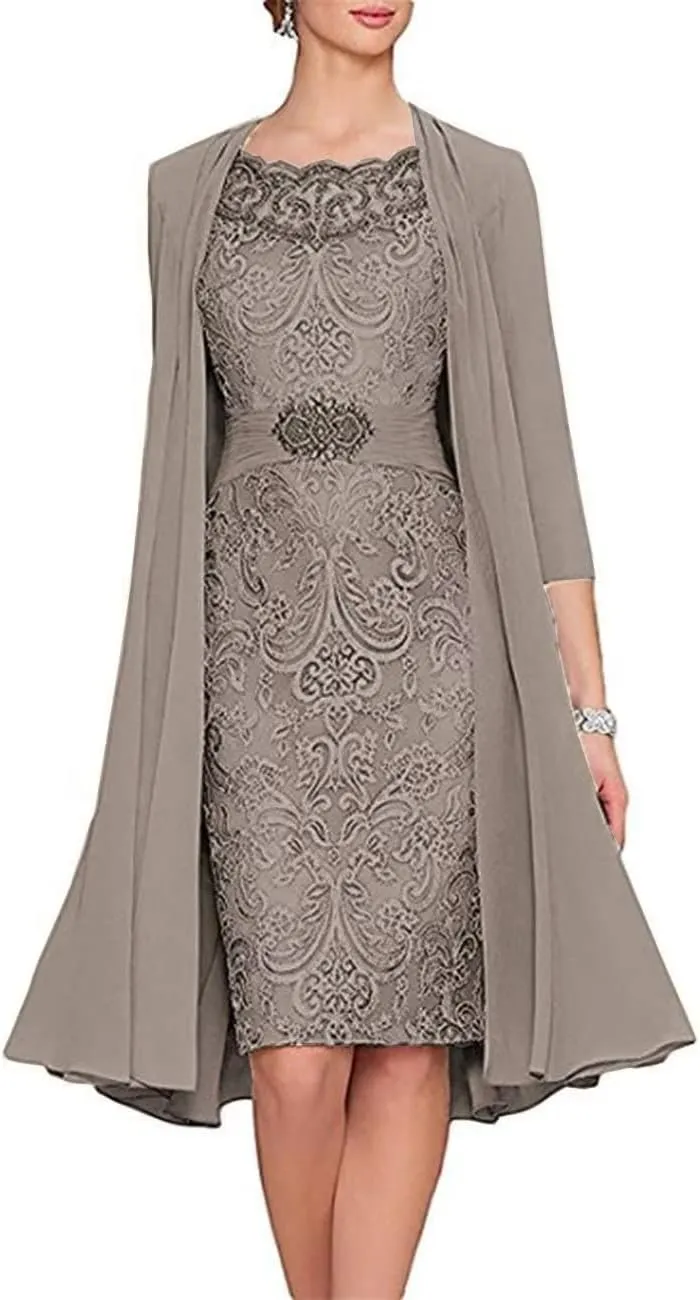 AUPRP 2 Pieces Taupe Mother of The Bride Dress with Jacket Floral Lace Chiffon Long Evening Dresses for Wedding Guest, US 10