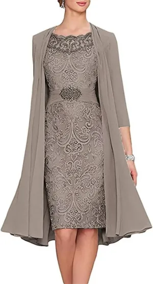 AUPRP 2 Pieces Taupe Mother of The Bride Dress with Jacket Floral Lace Chiffon Long Evening Dresses for Wedding Guest, US 10