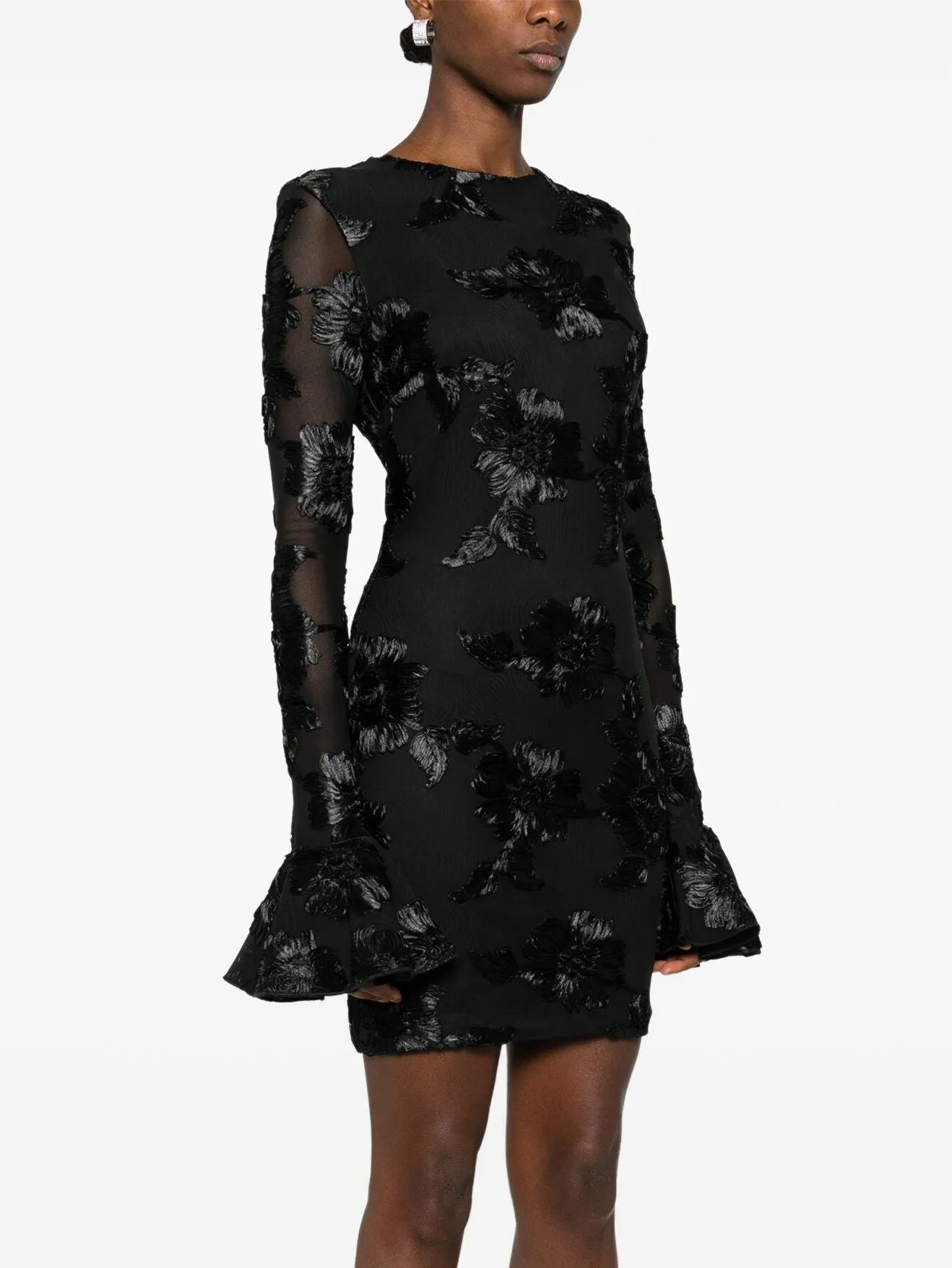 Black Floral-Embroidered Flared-Cuff Mini Dress