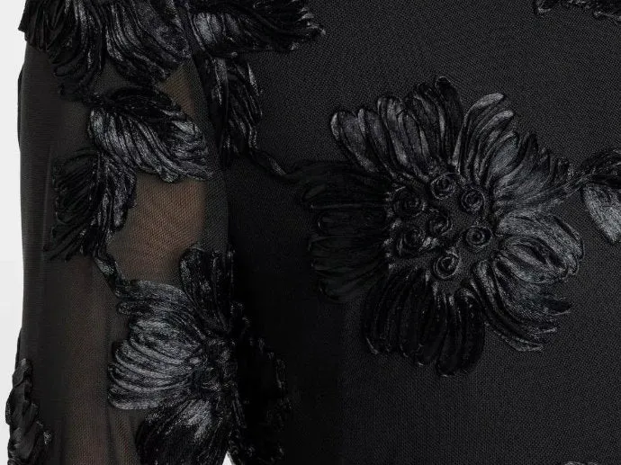 Black Floral-Embroidered Flared-Cuff Mini Dress