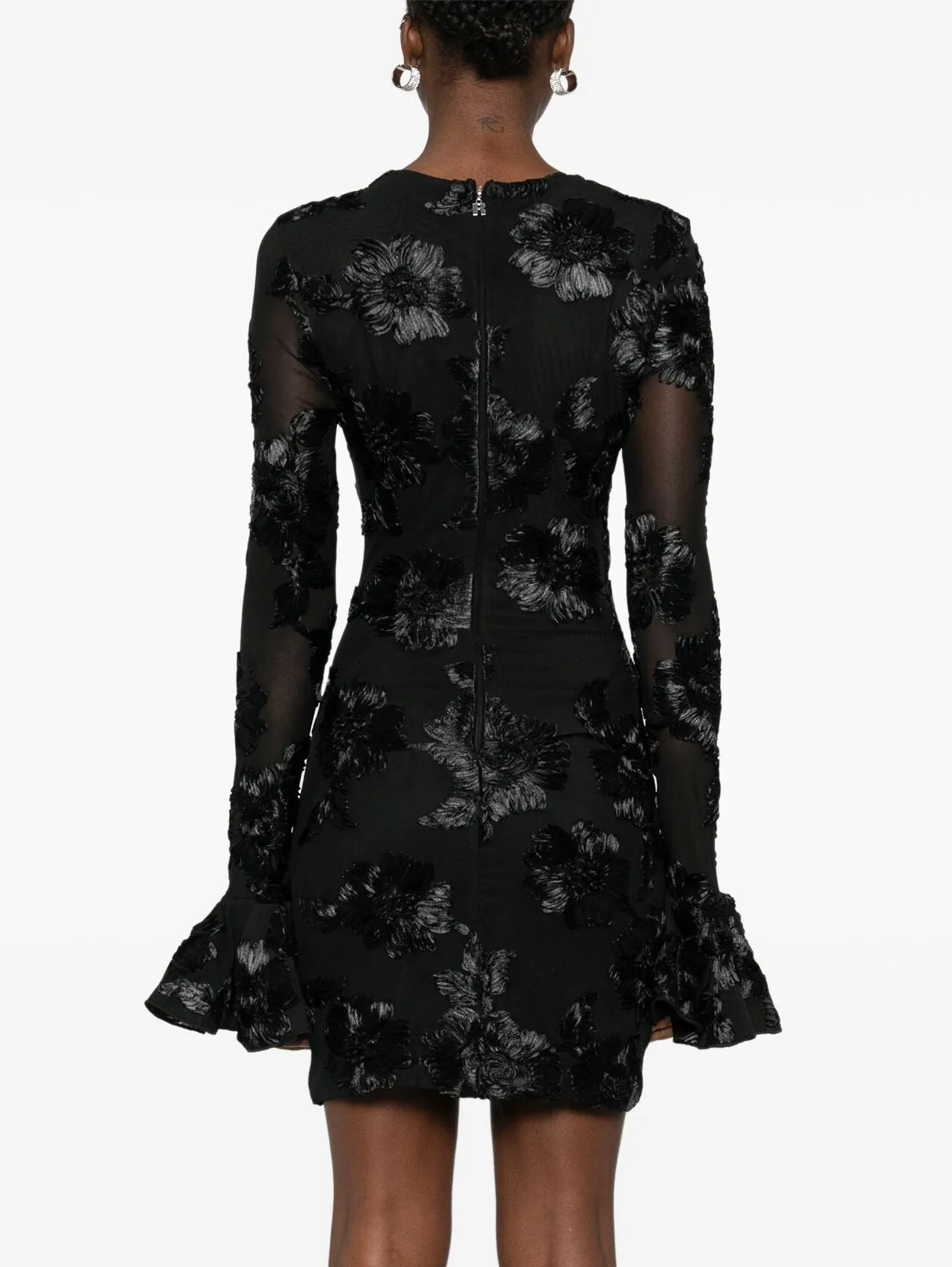 Black Floral-Embroidered Flared-Cuff Mini Dress