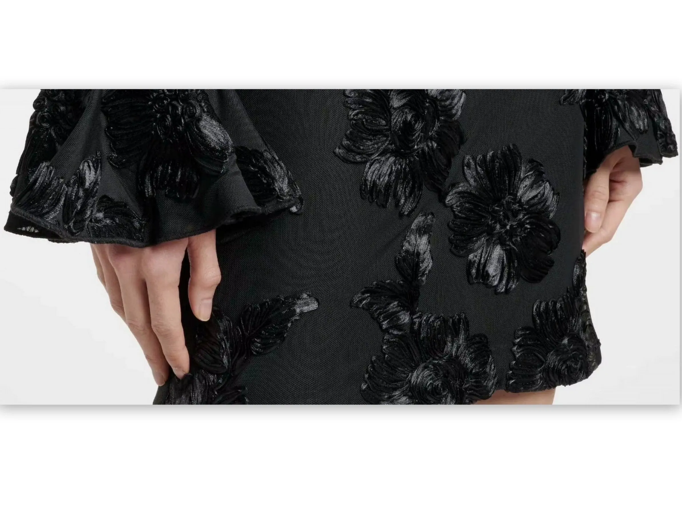 Black Floral-Embroidered Flared-Cuff Mini Dress