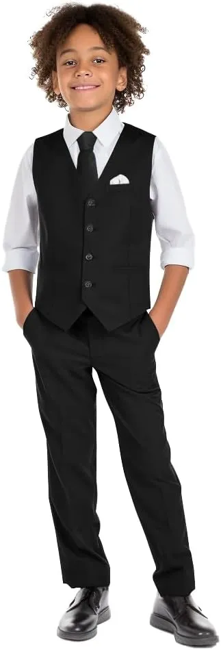 Boys' 6-Piece Formal Slim Fit Suit Set, Vest, Pants, Dress Shirt, Tie, Pocket Square, and Bow Tie