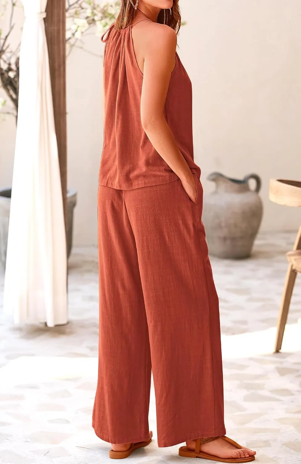 BTFBM Women's Casual Summer Two Piece Outfits Cotton Linen Sets Cutout Halter Sleeveless Top Wide Leg Pants Matching Set