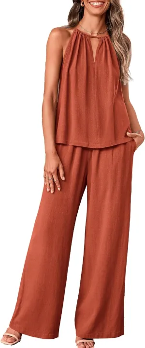 BTFBM Women's Casual Summer Two Piece Outfits Cotton Linen Sets Cutout Halter Sleeveless Top Wide Leg Pants Matching Set