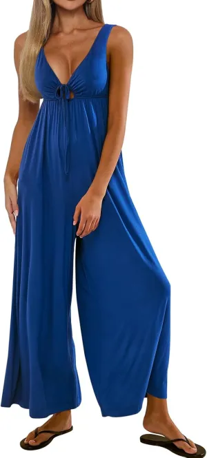 Casual Dressy Jumpsuits for Women V-Neck Tie Front One Piece Outfit Sleeveless Wide Leg Long Pants With Pockets