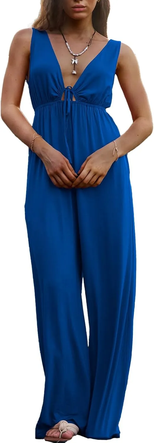 Casual Dressy Jumpsuits for Women V-Neck Tie Front One Piece Outfit Sleeveless Wide Leg Long Pants With Pockets
