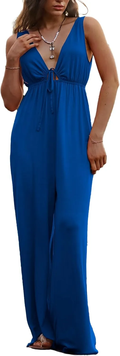 Casual Dressy Jumpsuits for Women V-Neck Tie Front One Piece Outfit Sleeveless Wide Leg Long Pants With Pockets