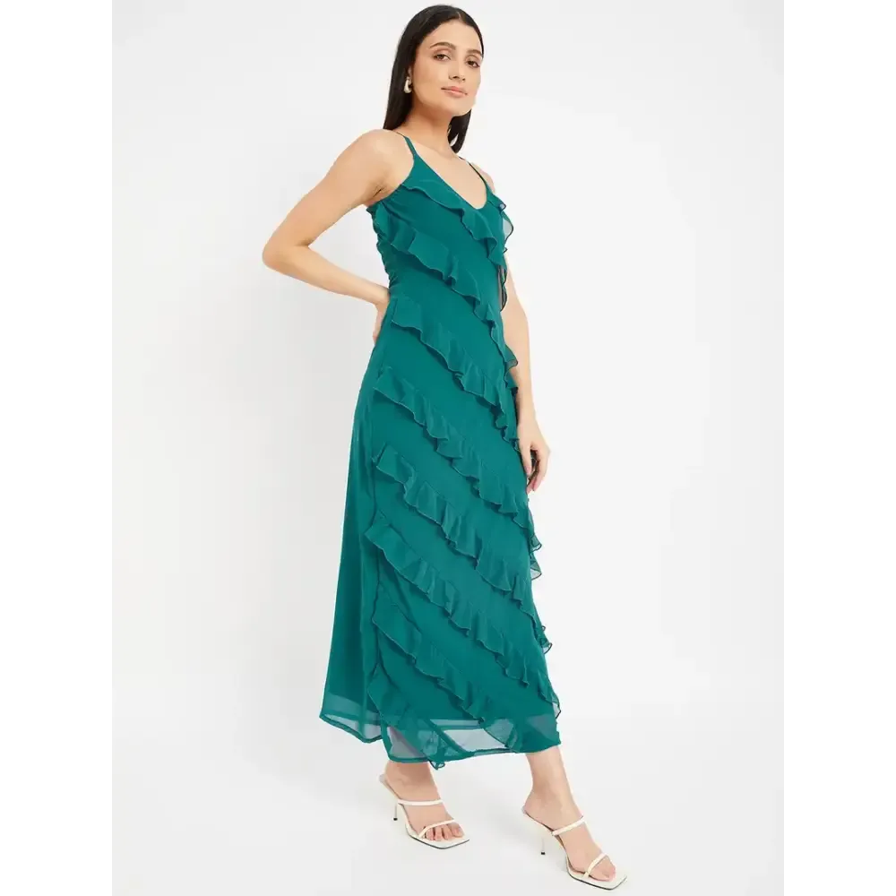 Drape and Dazzle Party Wear GGT Long Dress with Side Slit | Stylish Teal Dress with Stap for Women