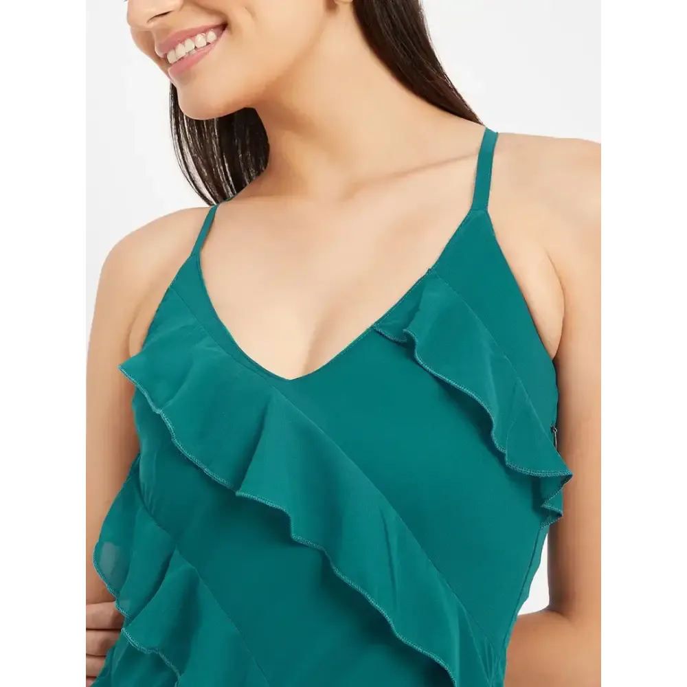 Drape and Dazzle Party Wear GGT Long Dress with Side Slit | Stylish Teal Dress with Stap for Women
