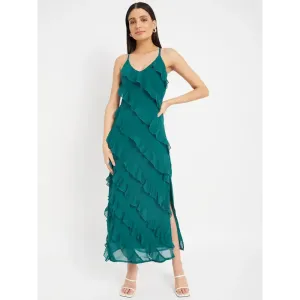 Drape and Dazzle Party Wear GGT Long Dress with Side Slit | Stylish Teal Dress with Stap for Women