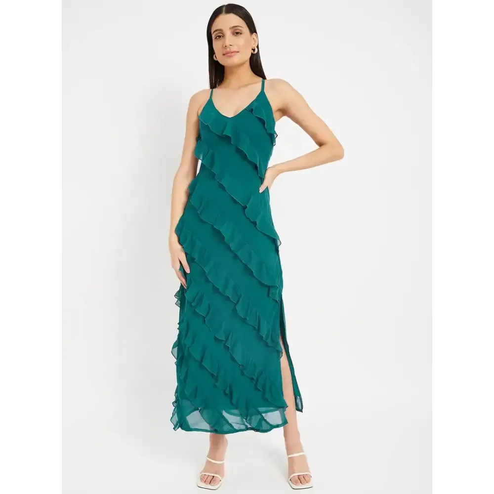 Drape and Dazzle Party Wear GGT Long Dress with Side Slit | Stylish Teal Dress with Stap for Women