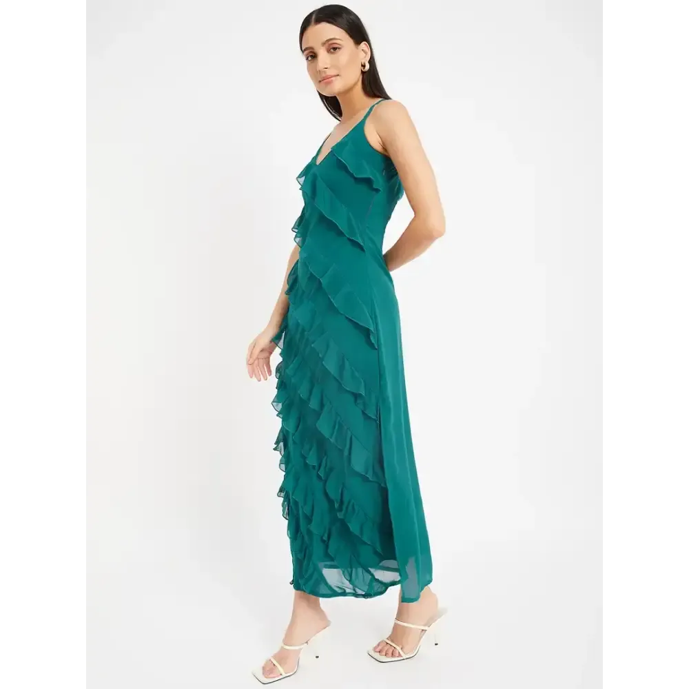 Drape and Dazzle Party Wear GGT Long Dress with Side Slit | Stylish Teal Dress with Stap for Women