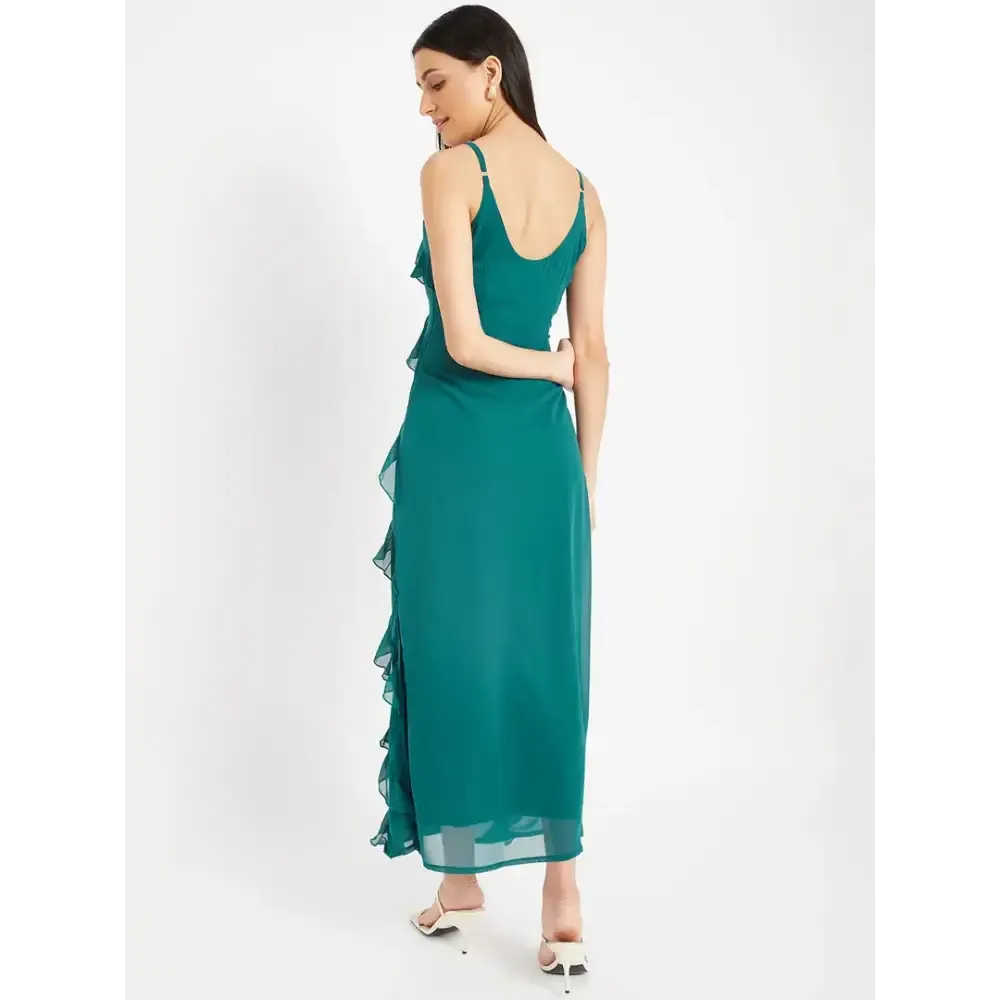 Drape and Dazzle Party Wear GGT Long Dress with Side Slit | Stylish Teal Dress with Stap for Women