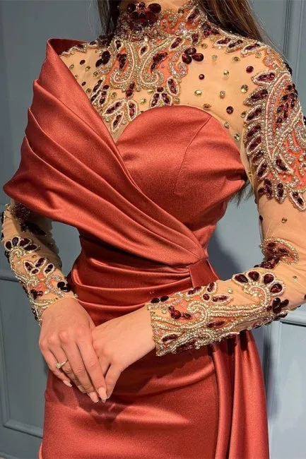 Elegant Russet One Shoulder Stretch Satin Prom Dress with Ruffles