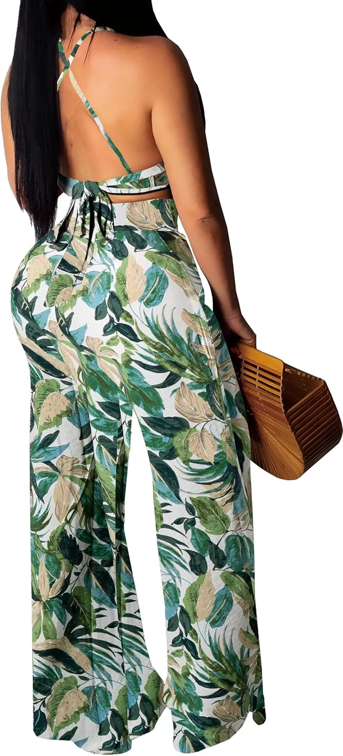 Elegant Two Piece Sets for Women Sexy Printing Halter Bandage Top Long Straight Pants Vacation Outfits Beach