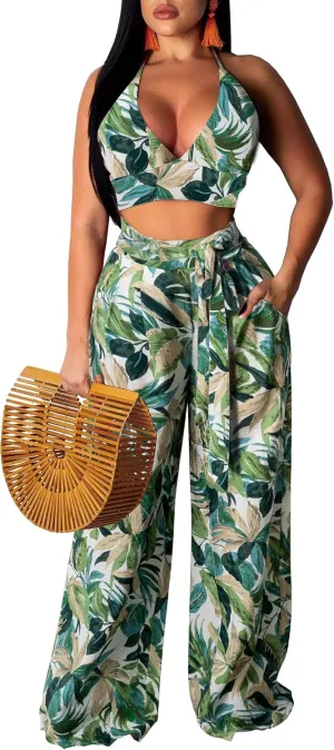 Elegant Two Piece Sets for Women Sexy Printing Halter Bandage Top Long Straight Pants Vacation Outfits Beach