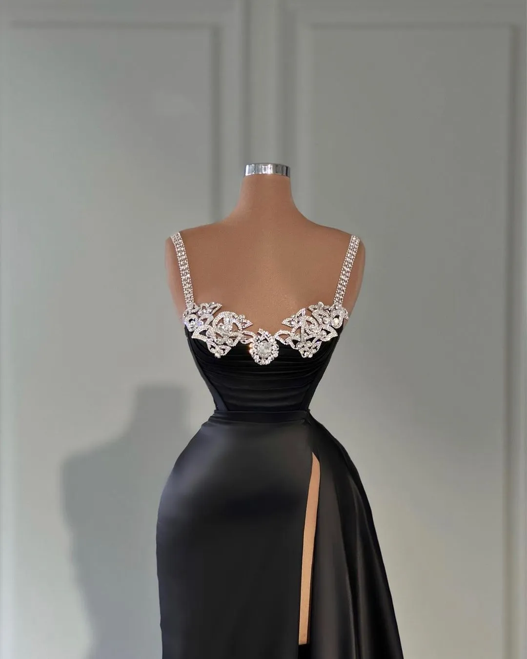 Fabulous Long Black A-line Straps Crystal Sleeveless Prom Dress With Slit