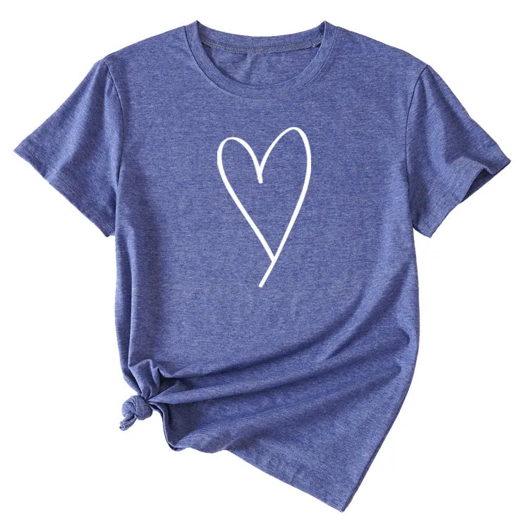 Fashion Womens Blouse Simple Love Pattern Printing Casual Round Neck Short Sleeve.