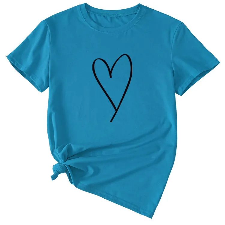 Fashion Womens Blouse Simple Love Pattern Printing Casual Round Neck Short Sleeve.