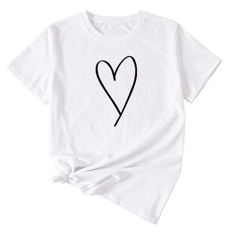 Fashion Womens Blouse Simple Love Pattern Printing Casual Round Neck Short Sleeve.