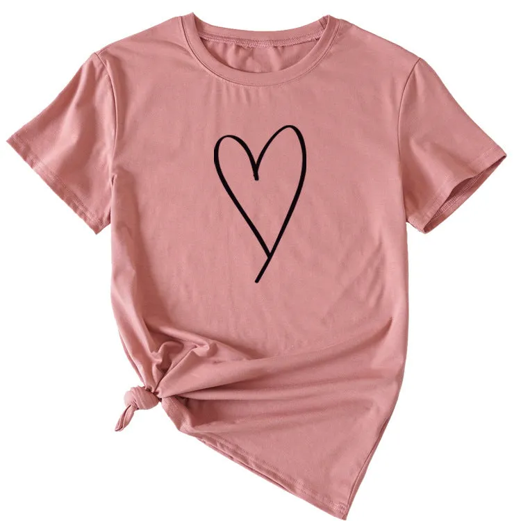 Fashion Womens Blouse Simple Love Pattern Printing Casual Round Neck Short Sleeve.