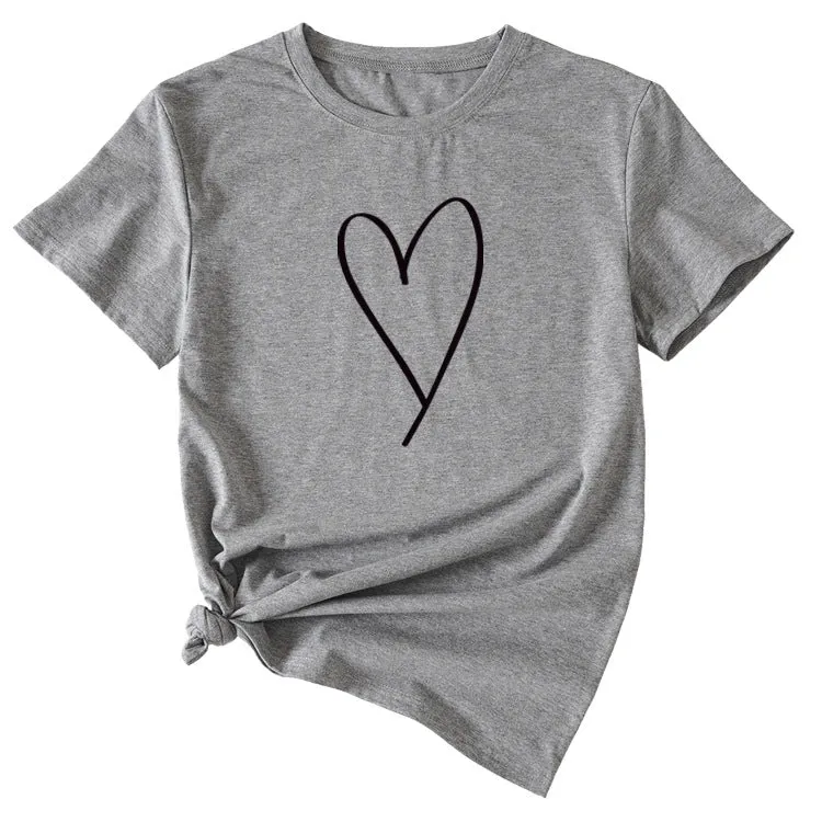 Fashion Womens Blouse Simple Love Pattern Printing Casual Round Neck Short Sleeve.