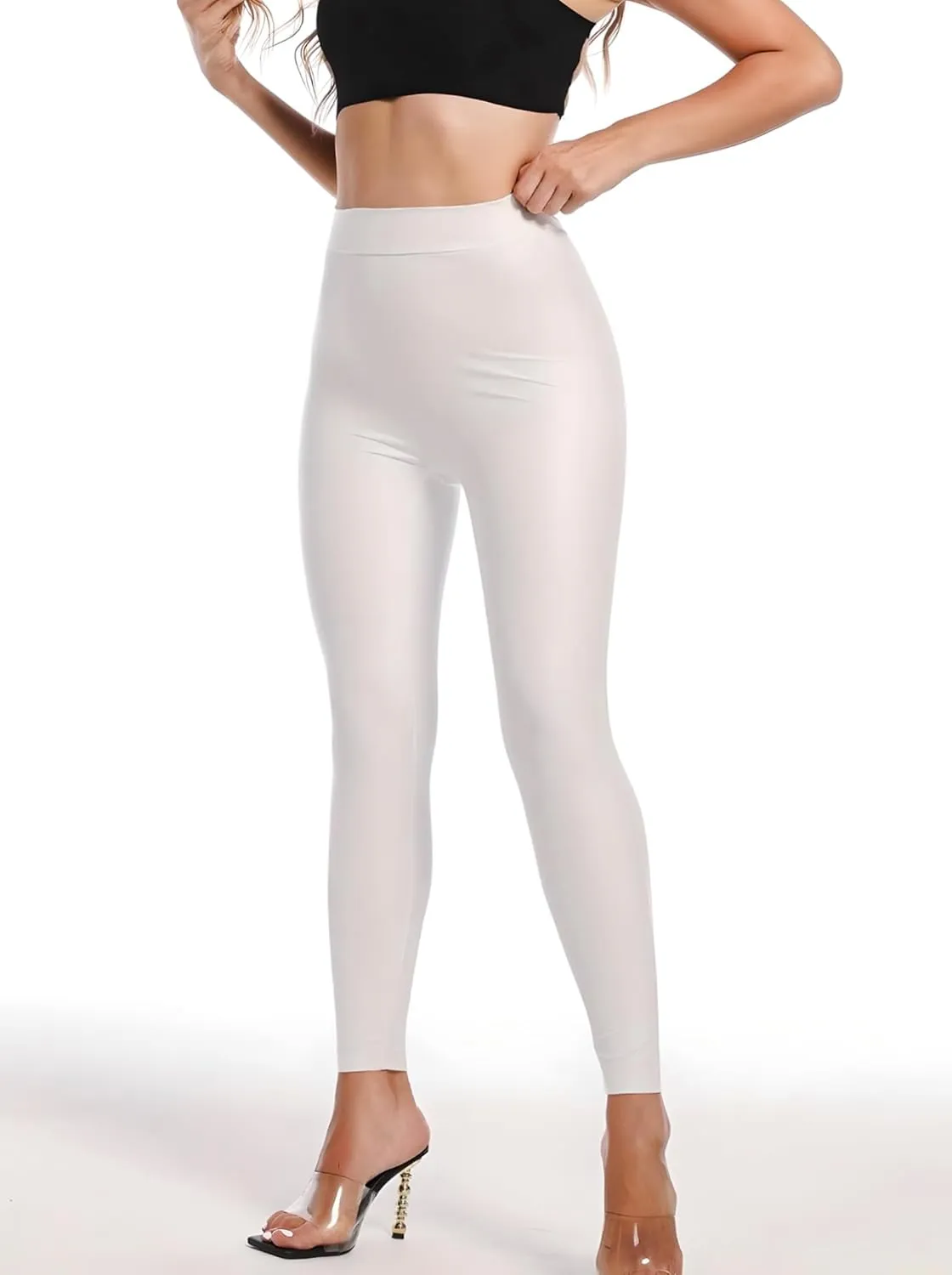 Faux Leather V-Back Leggings for Women High Waisted Tummy Control Sexy Fashion Ruched Butt Stretch Pu Pleather Tights