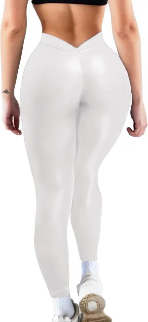 Faux Leather V-Back Leggings for Women High Waisted Tummy Control Sexy Fashion Ruched Butt Stretch Pu Pleather Tights