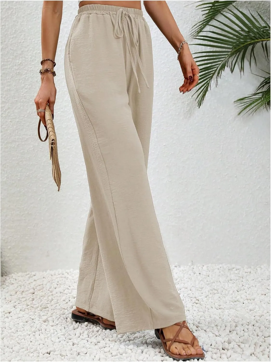 Floerns Women's Elastic High Waist Drawstring Wide Leg Pants Casual Trousers