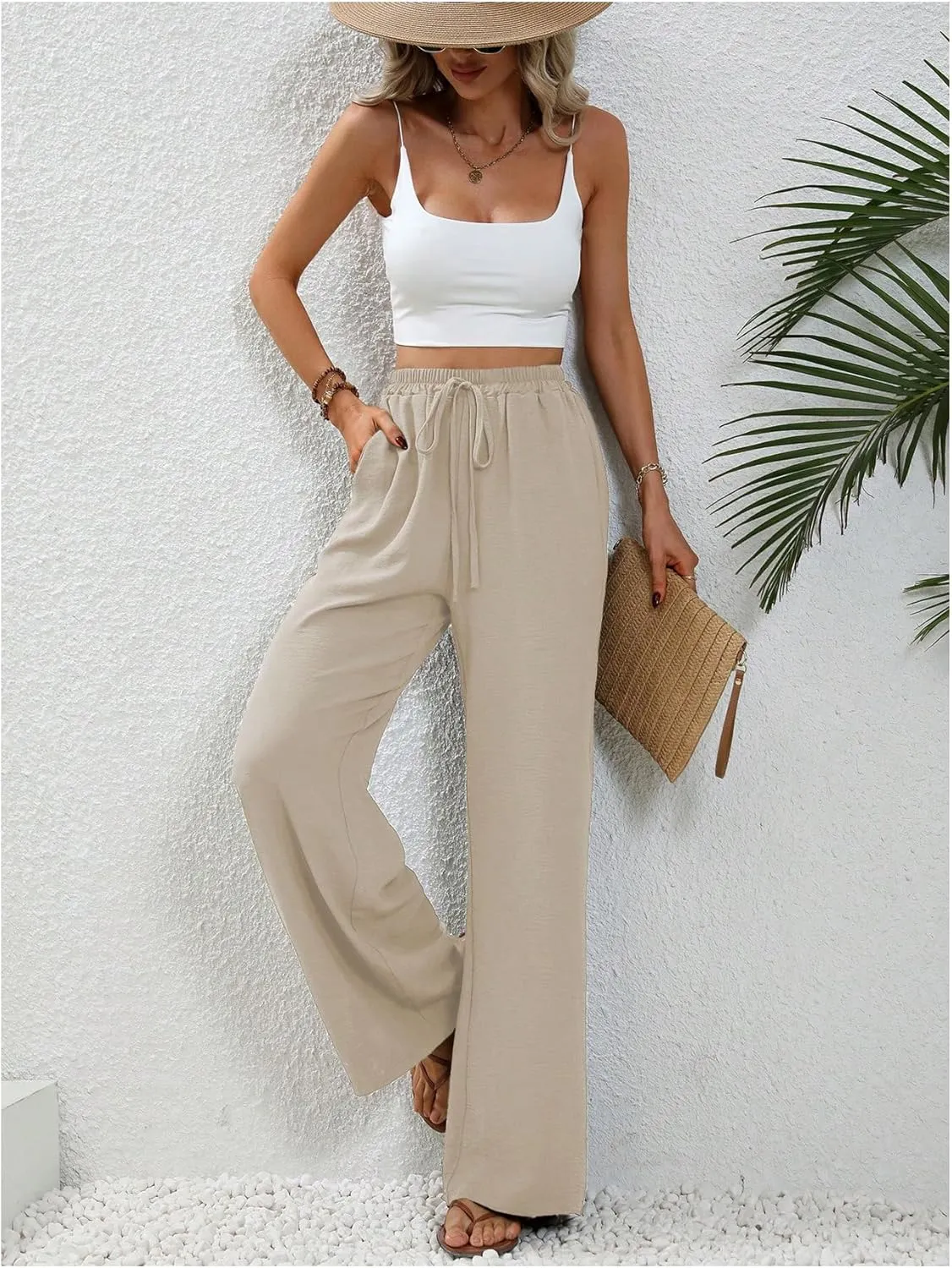 Floerns Women's Elastic High Waist Drawstring Wide Leg Pants Casual Trousers