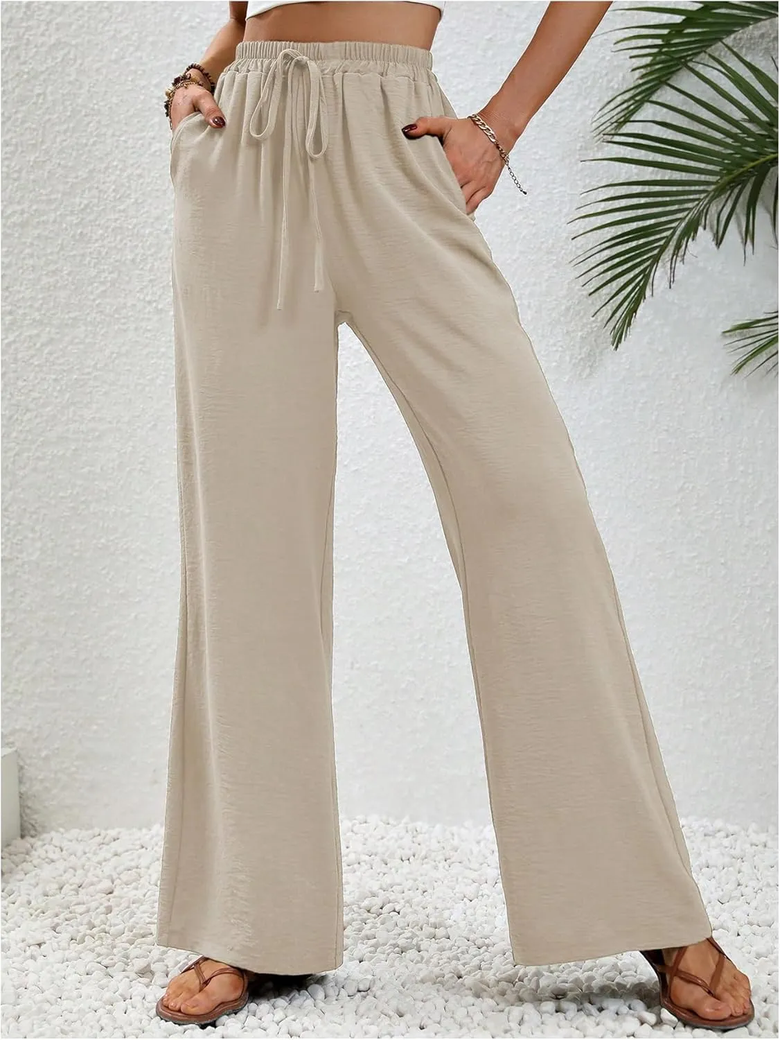 Floerns Women's Elastic High Waist Drawstring Wide Leg Pants Casual Trousers