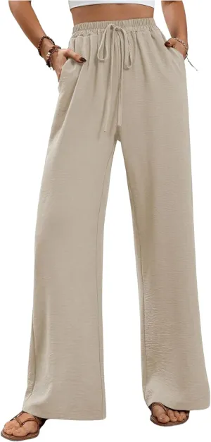 Floerns Women's Elastic High Waist Drawstring Wide Leg Pants Casual Trousers