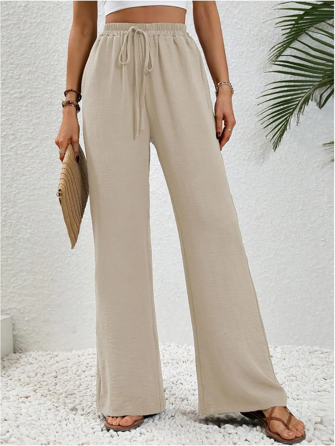 Floerns Women's Elastic High Waist Drawstring Wide Leg Pants Casual Trousers