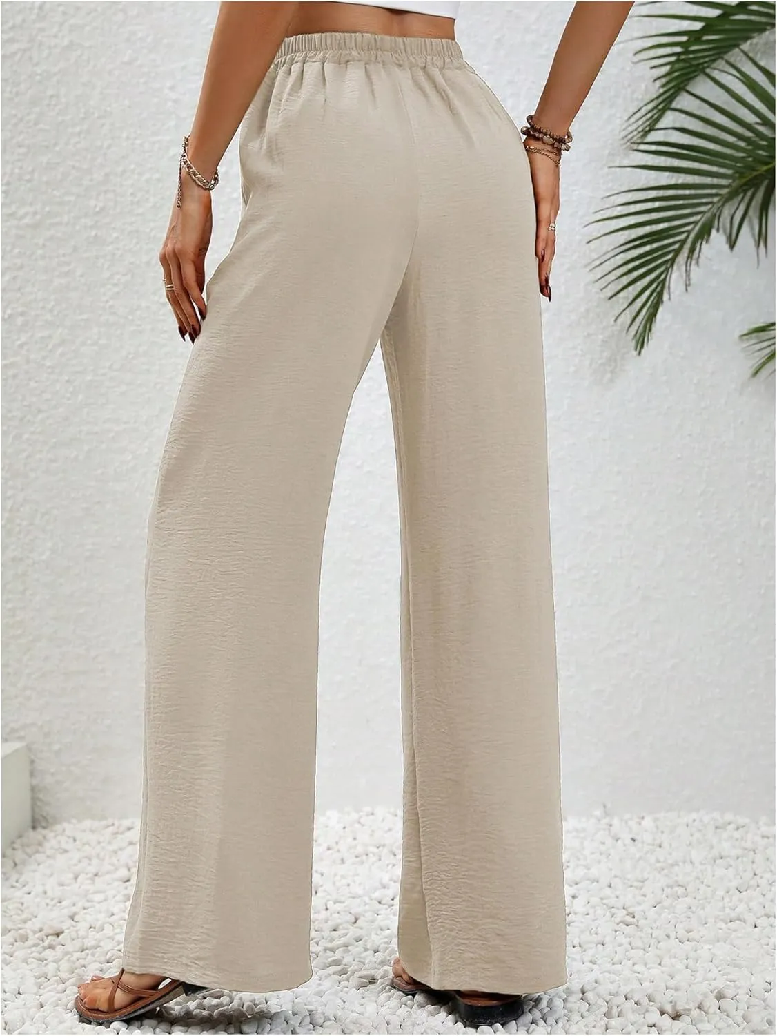 Floerns Women's Elastic High Waist Drawstring Wide Leg Pants Casual Trousers