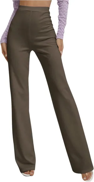 Floerns Women's Elastic High Waist Elegant Solid Striaght Leg Long Pants