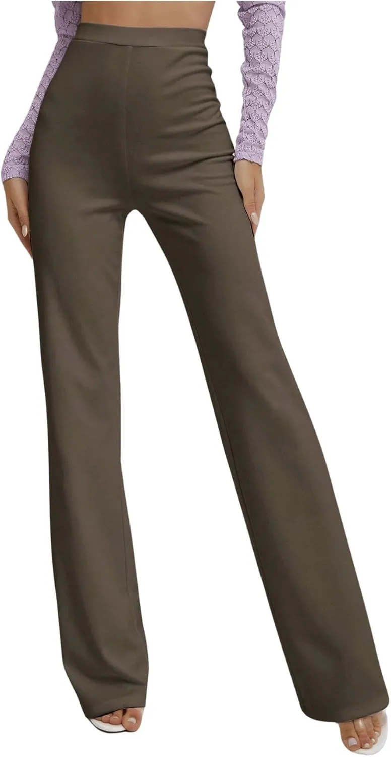 Floerns Women's Elastic High Waist Elegant Solid Striaght Leg Long Pants
