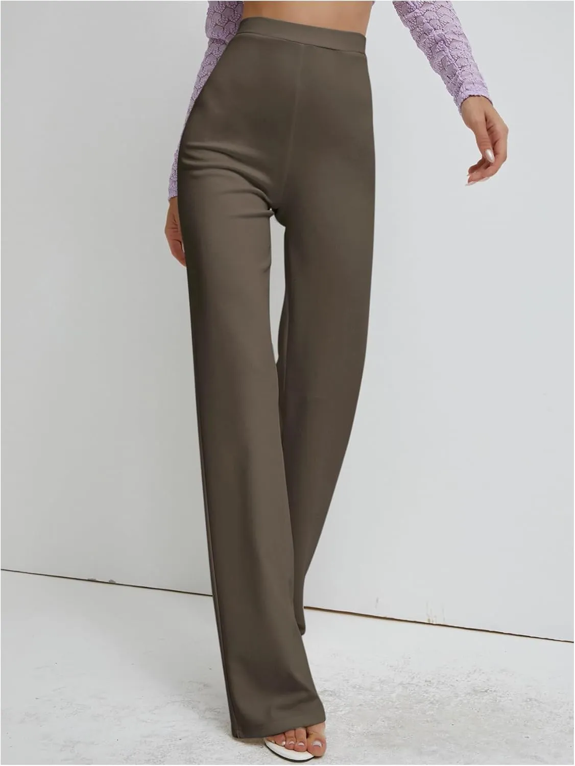 Floerns Women's Elastic High Waist Elegant Solid Striaght Leg Long Pants